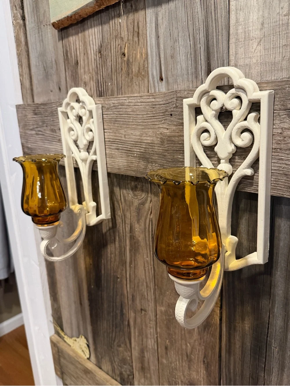 Pair of Vintage BOHO Farmhouse Amber Glass Candle Wall Sconces
